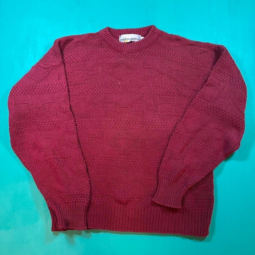 Vintage 90s burgundy knit sweater cotton unique knit pattern 1990s knit sweater
